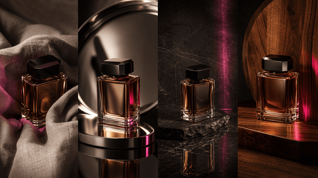 A coordinated campaign still life showing one luxury bottle reflected through four distinct material environments: rumpl