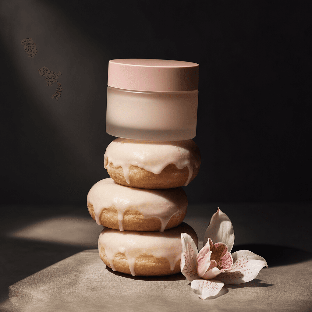 A minimalist skincare jar balanced on a stack of small vanilla-glazed donuts, soft ivory icing with delicate reflective 