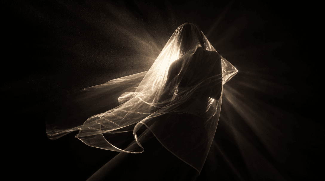 Abstract visualization: translucent sheer organza fabric suspended in space, studio light fragmenting through the materi