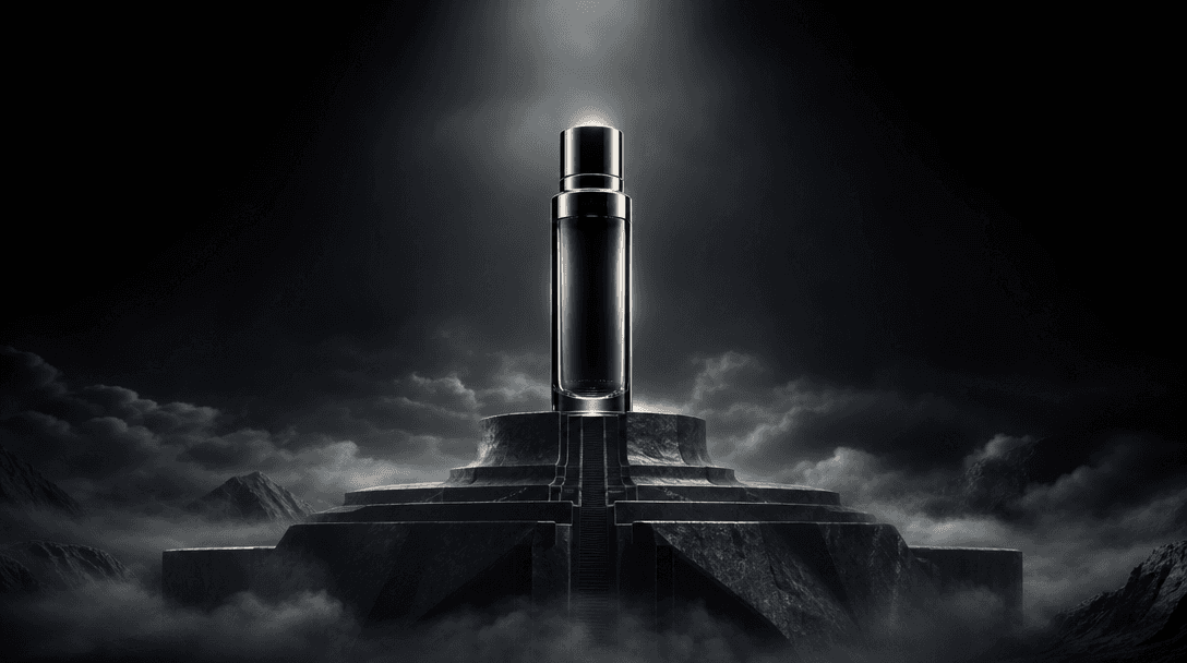 A single polished cosmetic bottle rising above a monumental sculptural platform hidden in clouds, emphasizing clear silh