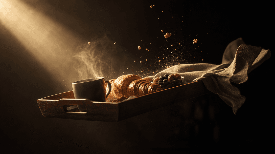 A dramatic product silhouette emerging from darkness as a breakfast tray glides through a narrow beam of warm morning li