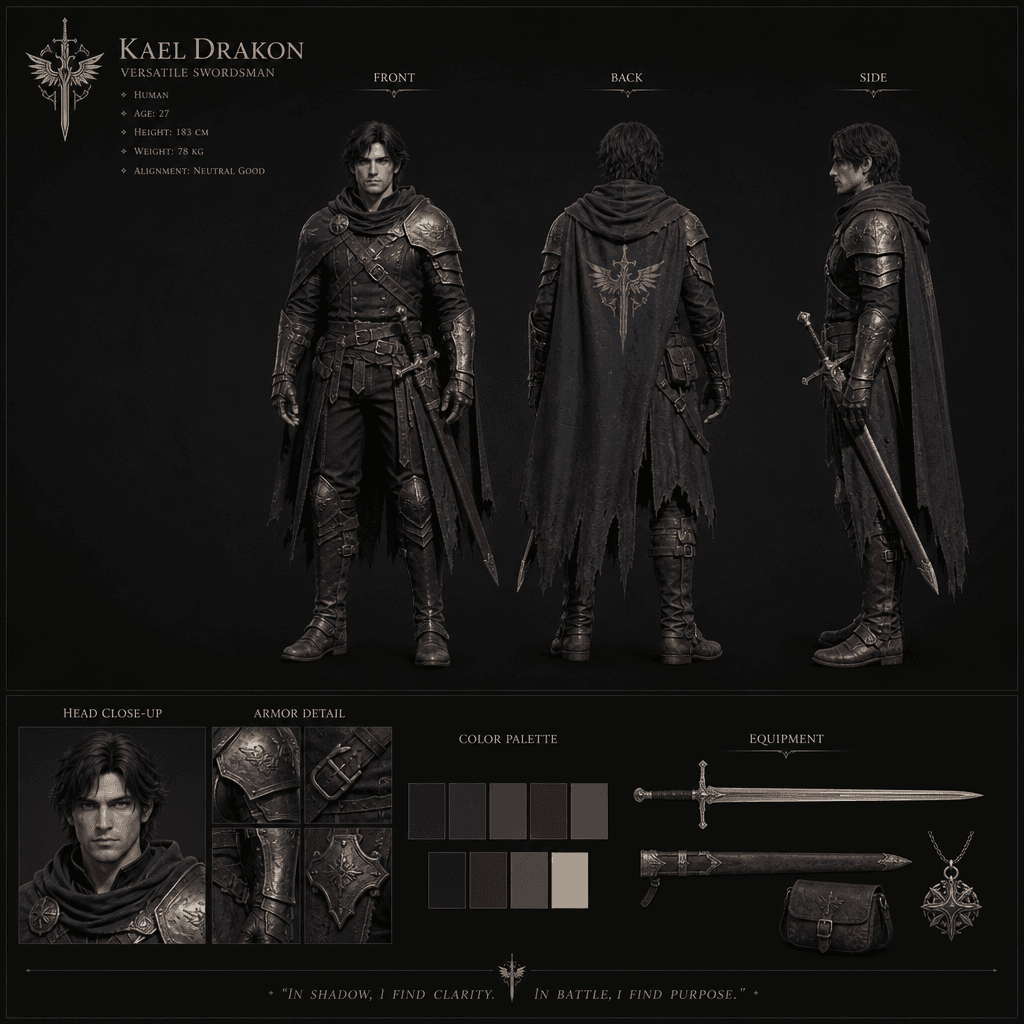Game character reference sheet showing character in front, back, and profile views. Consistent proportions and design. P