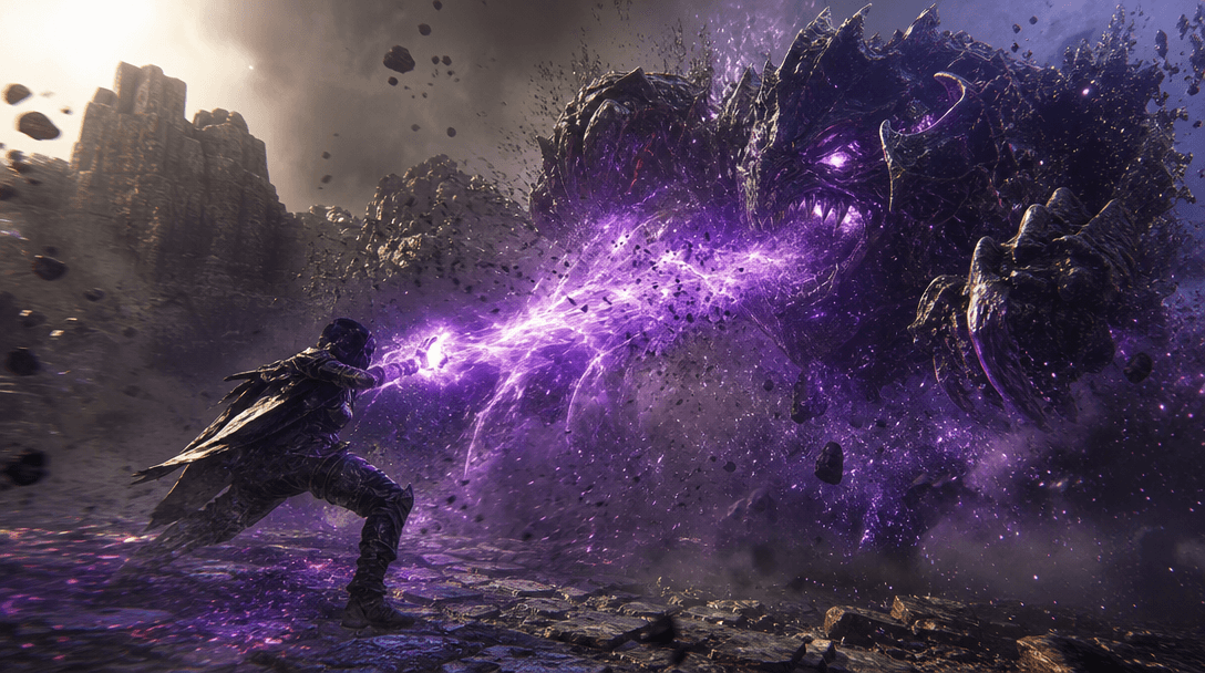 Particle effects and scale transformation mid-sequence, dust and energy trails, physics-based motion, cinematic detail.