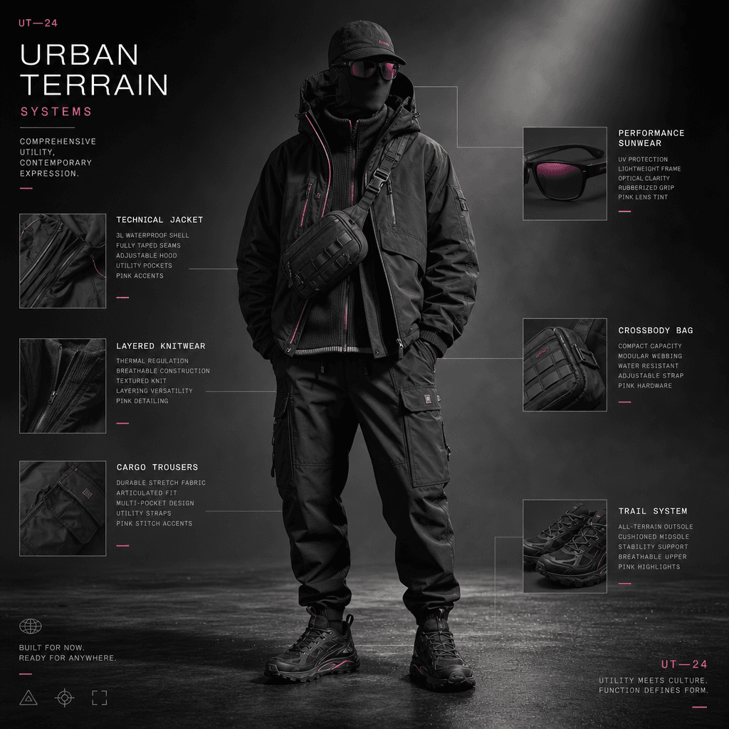 A contemporary outdoor utility outfit shown as a polished editorial breakdown, technical jacket, layered knitwear, cargo