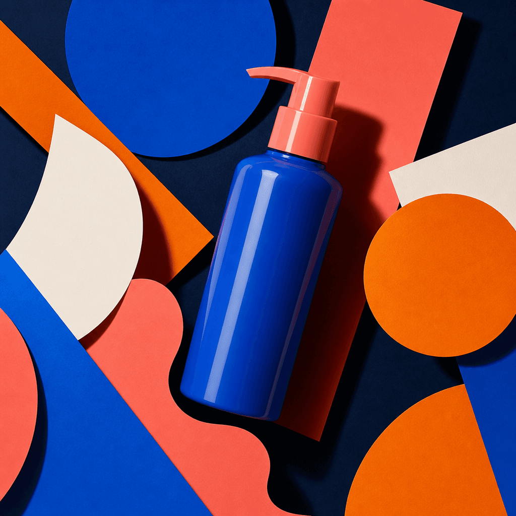 A colorful haircare bottle in an energetic square paper cutout composition, cobalt, coral, orange, and off-white geometr