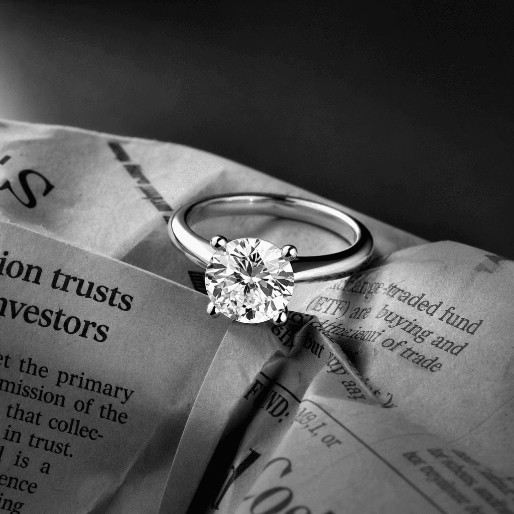 A diamond solitaire engagement ring placed on a crinkled black-and-white newspaper print, hard directional studio lighti