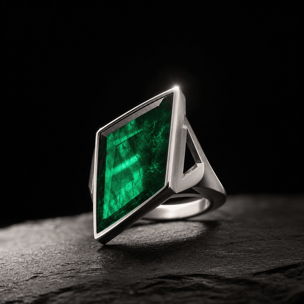 A silver and emerald cocktail ring, angular and architectural, resting on dark slate under a single hard spotlight. The 