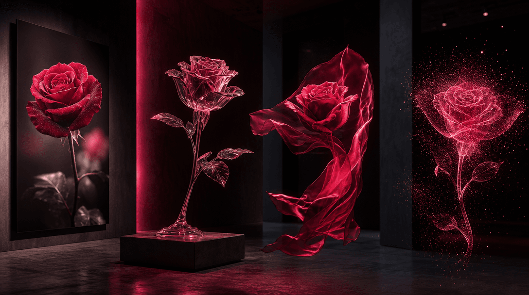 A single red rose interpreted across photography, translucent sculpture, silk, and glowing particles in a dark gallery-l