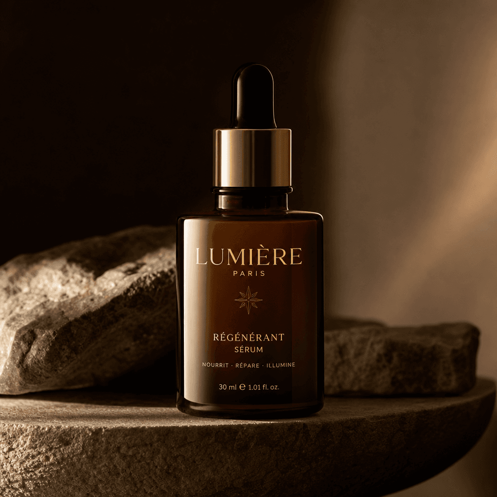 Beauty serum or cream product displayed against moody, sophisticated background with artistic lighting. High-end magazin