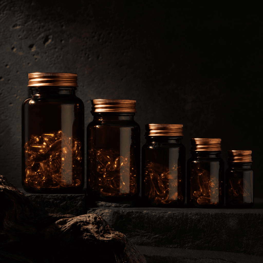 Dark moody studio arrangement of five amber glass vitamin capsule bottles in a precise descending-size lineup, dramatic 