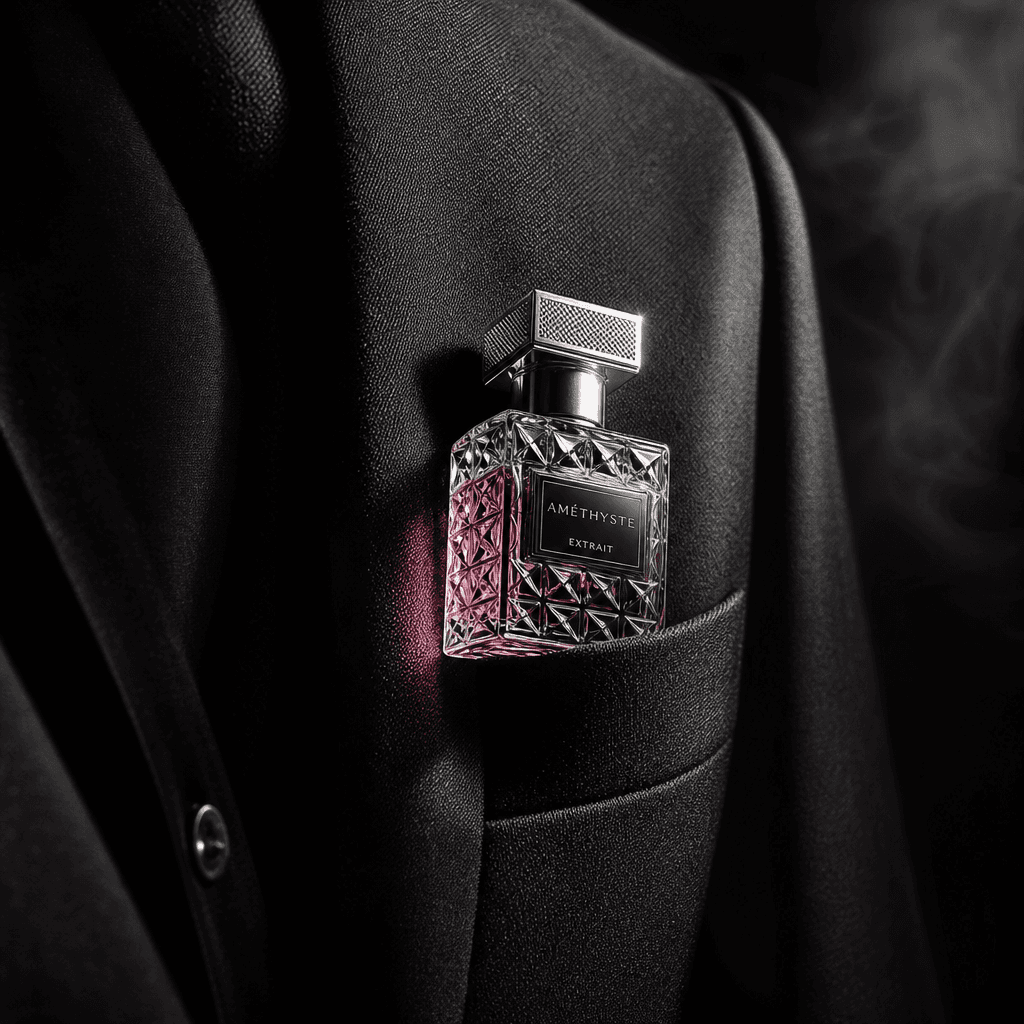 A miniature perfume bottle tucked into the breast pocket of a charcoal blazer, cut crystal glass catching a narrow beam 