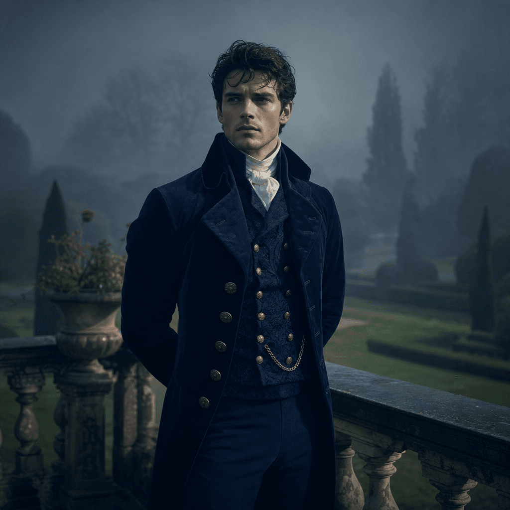 A fictional romantic lead wearing a tailored midnight-blue Regency coat in a misty formal garden at dawn, stone balustra