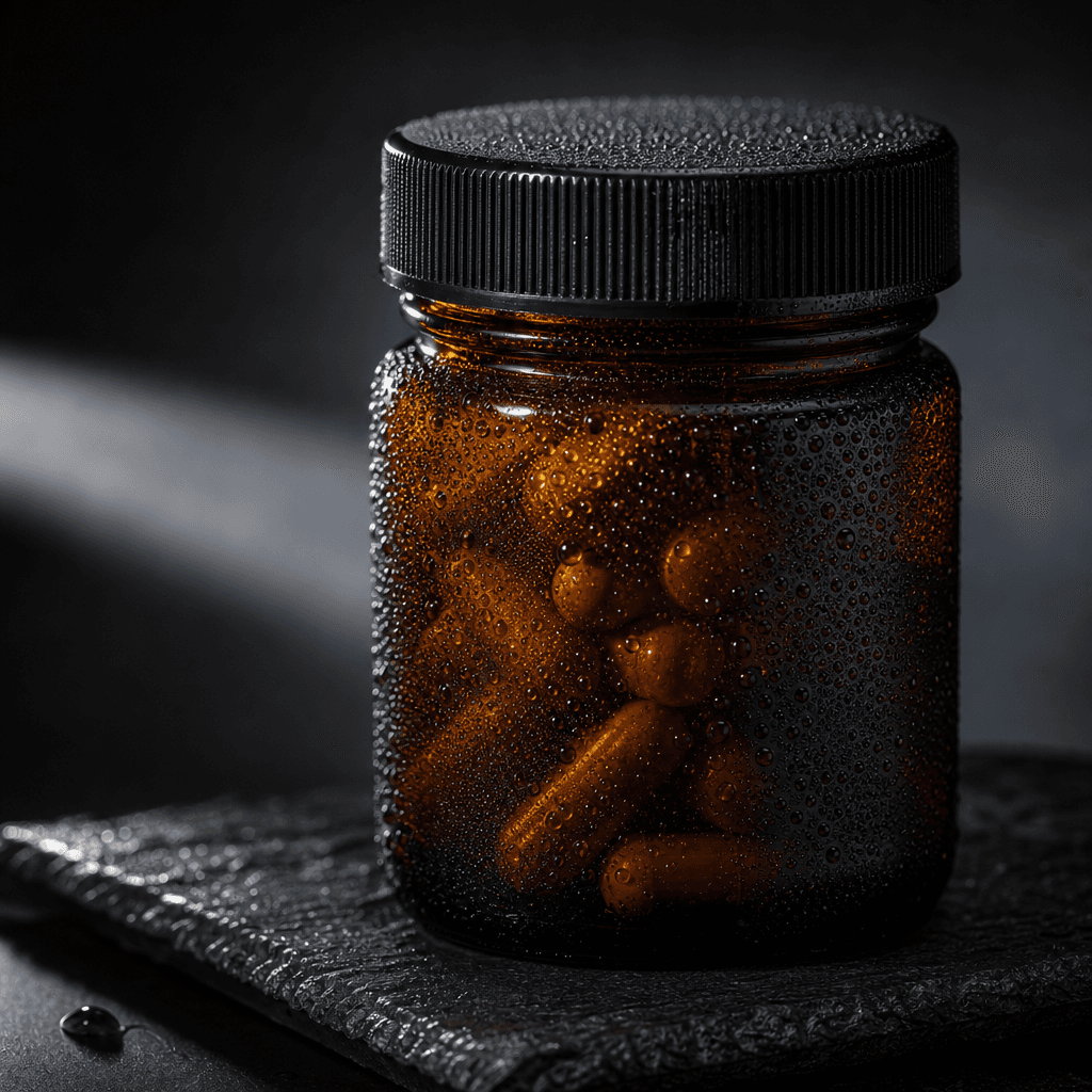 Dark amber glass jar of capsules on a slate surface, single sidelight beam cutting across the lid creating specular high