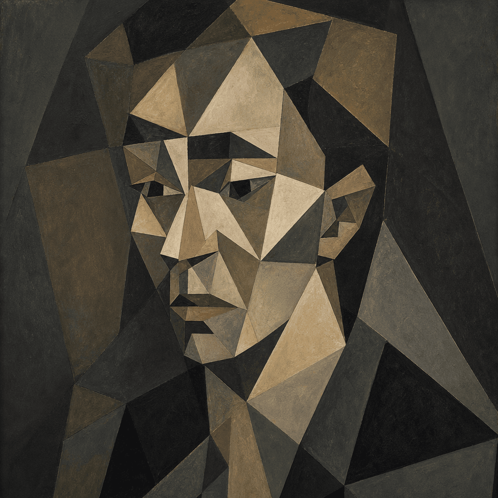 Cubist portrait of a person with bold geometric planes, muted color palette, dark editorial background with soft gallery