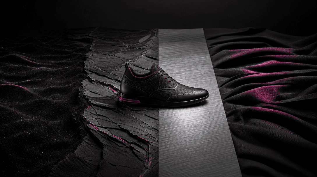 A seamless horizontal landscape where black sand gradually becomes carved stone, brushed aluminum, and folded textile, w