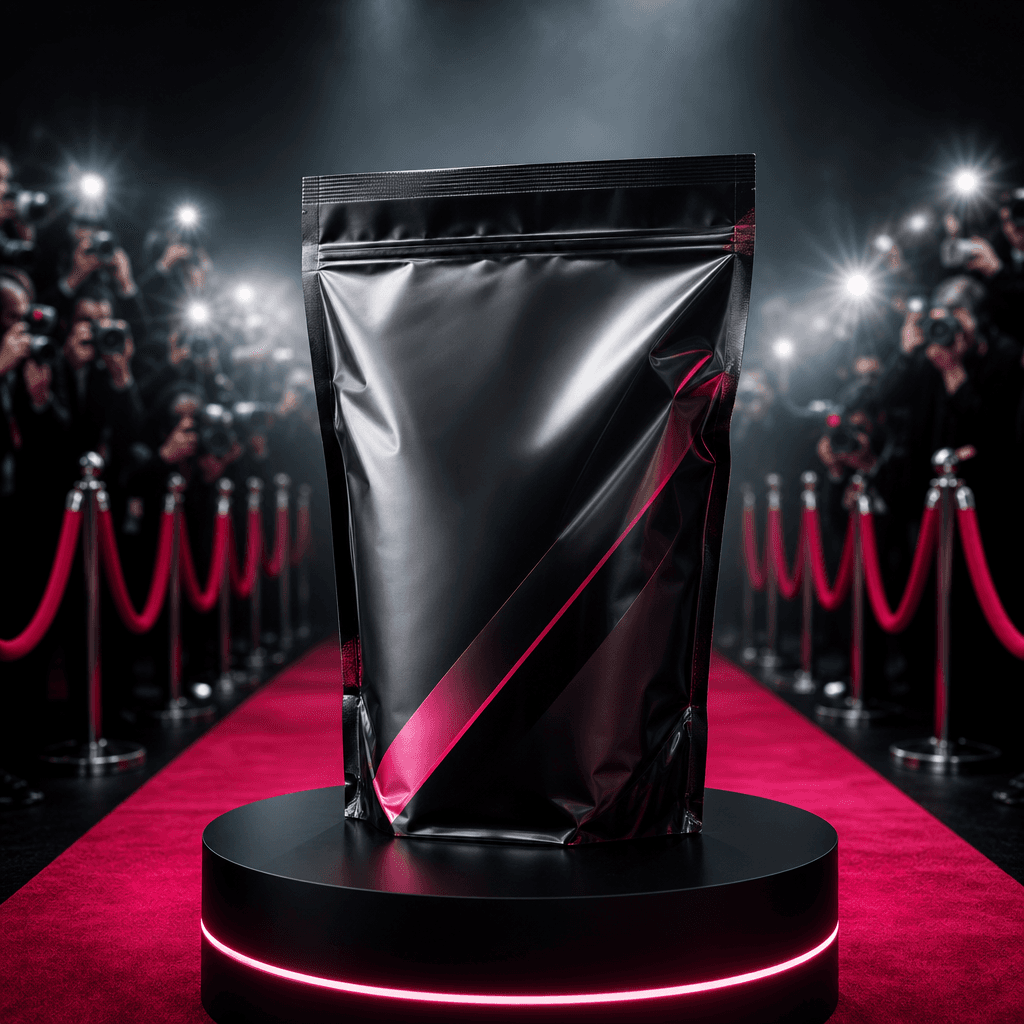 A sleek protein powder pouch presented like a major red-carpet arrival, velvet barriers and blurred photographer silhoue