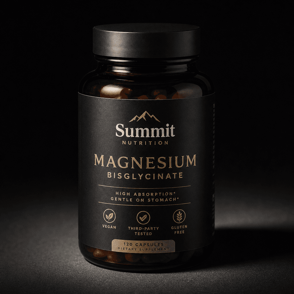 Close-up of a premium supplement bottle on a matte black surface, sharp studio rim-light casting a clean directional sha