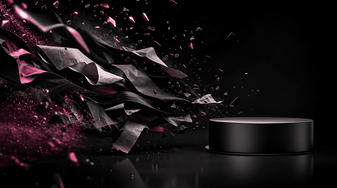 A dramatic wave of paper, fabric, polished fragments, and fine particles moving across a black studio environment toward
