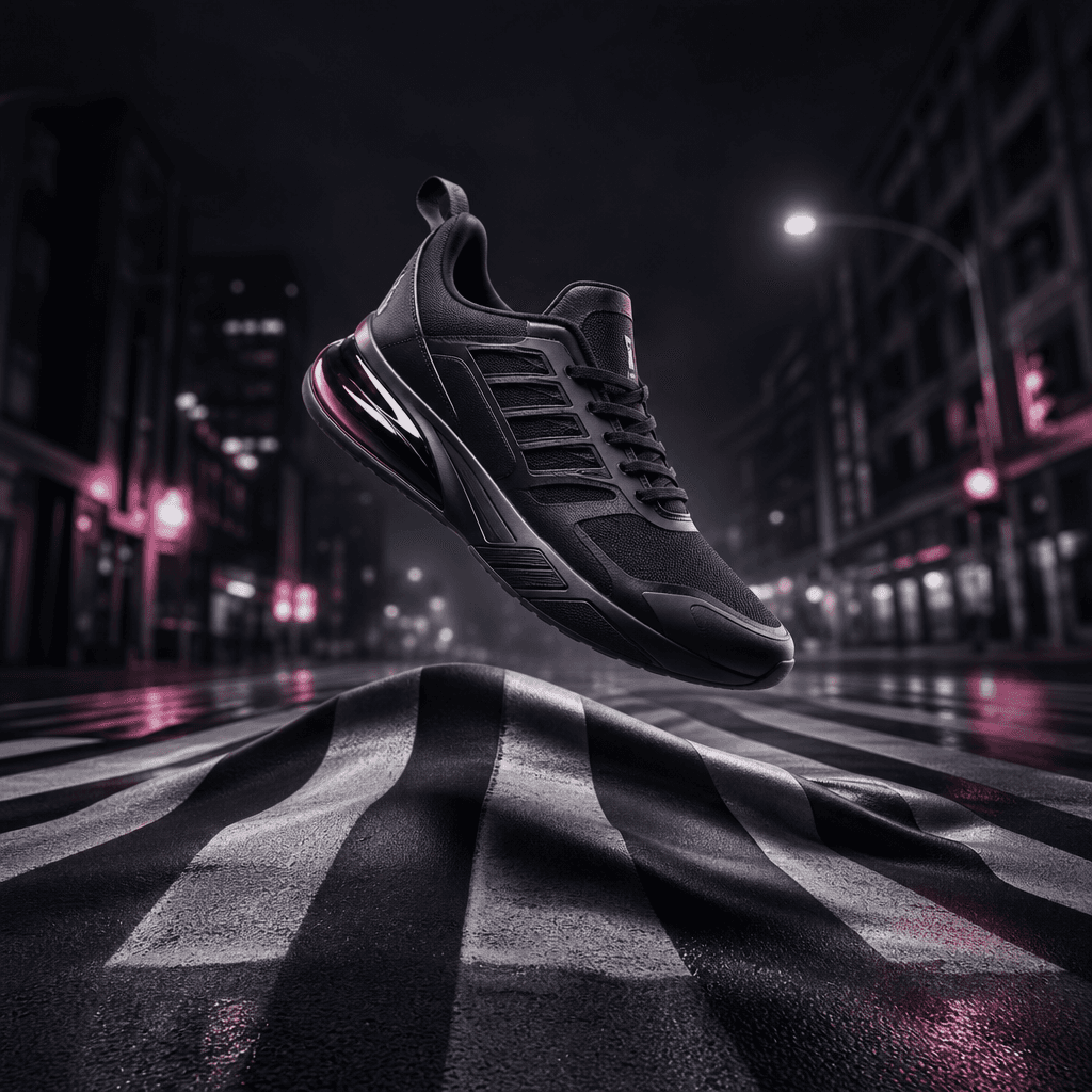 A modern sneaker suspended above a city crosswalk as the pavement ripples like fabric beneath it, dark editorial campaig