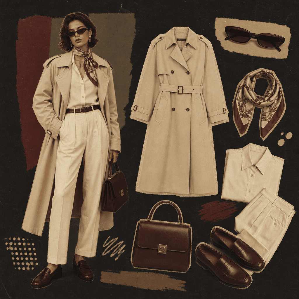 A square retro fashion board featuring a cream trench coat outfit, loafers, structured handbag, silk scarf, and narrow s
