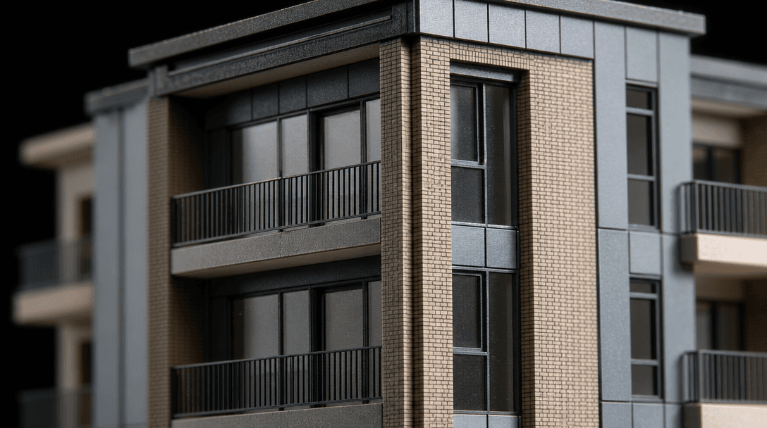 Extreme macro close-up of an architectural scale model revealing precisely rendered facade details — hairline brick cour