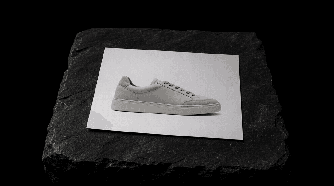 Dark editorial still life: a single sharp product photograph — a minimalist sneaker on a clean white surface — printed a