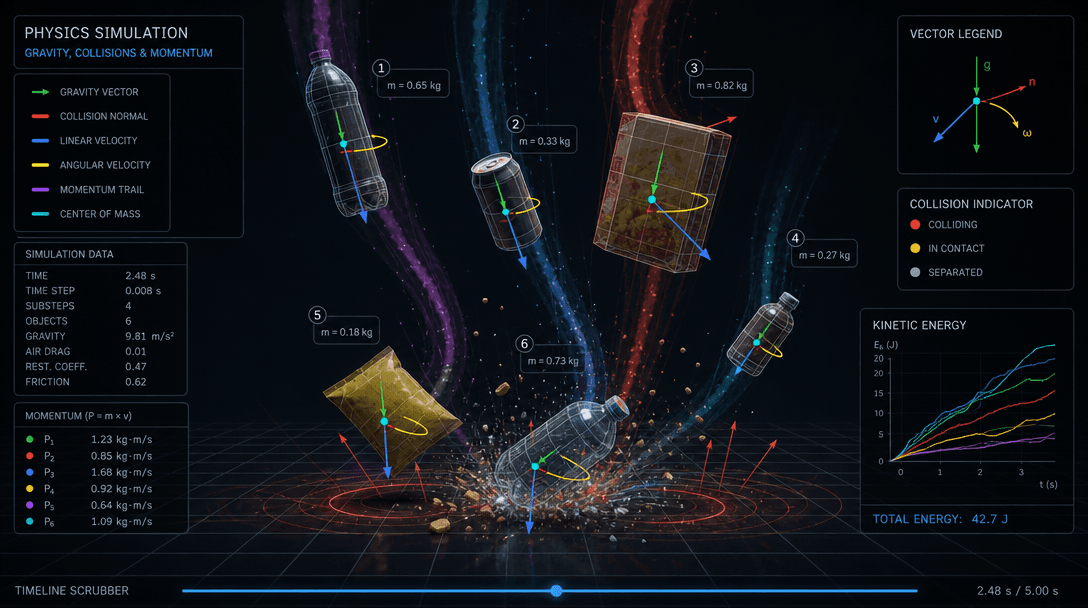 Physics simulation visualization: gravity vectors, collision indicators, and momentum trails around falling products, ab
