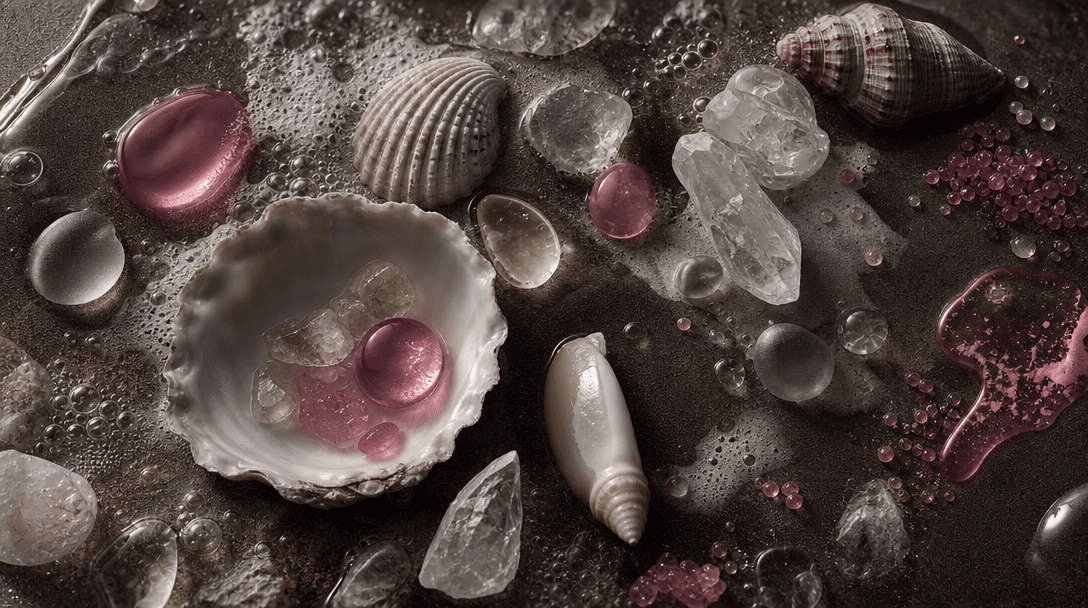 An abstract coastal still life of wet sand, foam bubbles, translucent shells, mineral crystals, sea-polished glass, and 