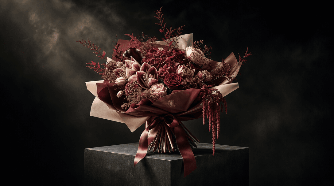 Wide cinematic still life of a single elaborate bouquet emerging from darkness on a matte charcoal pedestal, directional