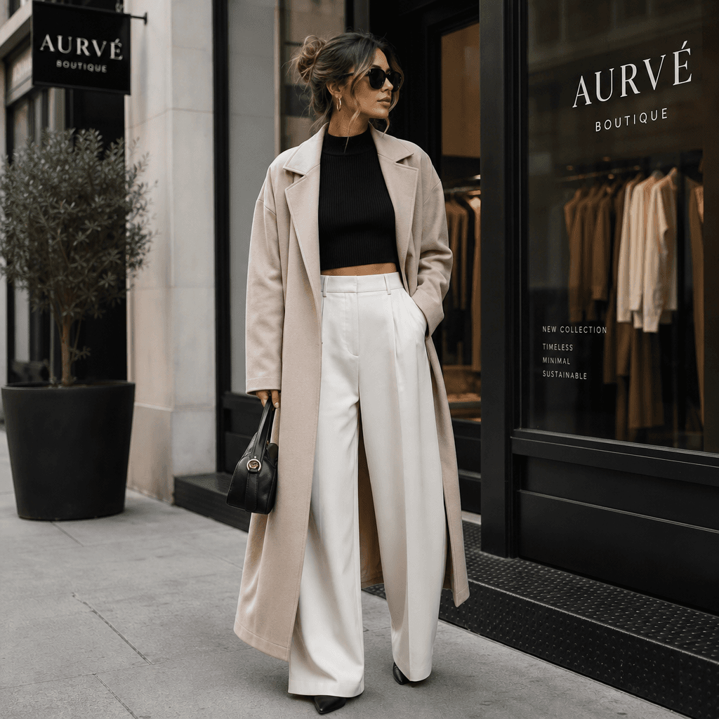 Trendy outfit displayed on figure near boutique storefront. Urban modern setting, soft natural light. High-fashion stree