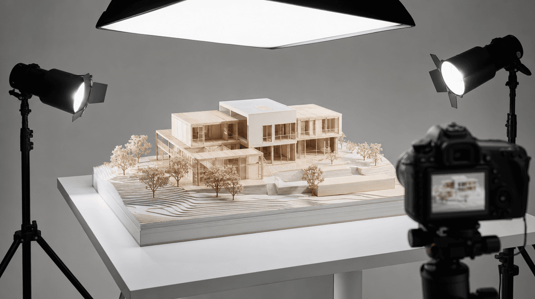 Professional studio setup photographing a small architectural model, bright clean overhead and key lighting, neutral bac
