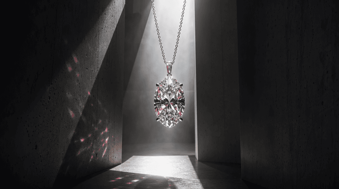 A diamond pendant suspended in a shaft of intense midday sunlight between dark concrete walls, precise hard-edged shadow