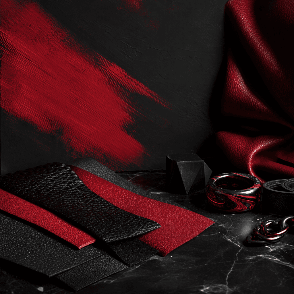 Fashion brand aesthetic in bold crimson red and obsidian black. Leather texture swatches, abstract ink brushstroke detai