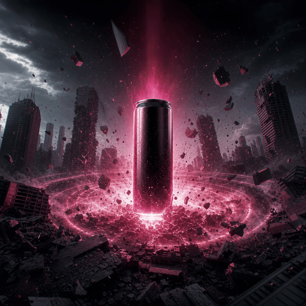 A sleek energy drink can standing at the epicenter of a crumbling city, shockwave rings radiating outward from its base,