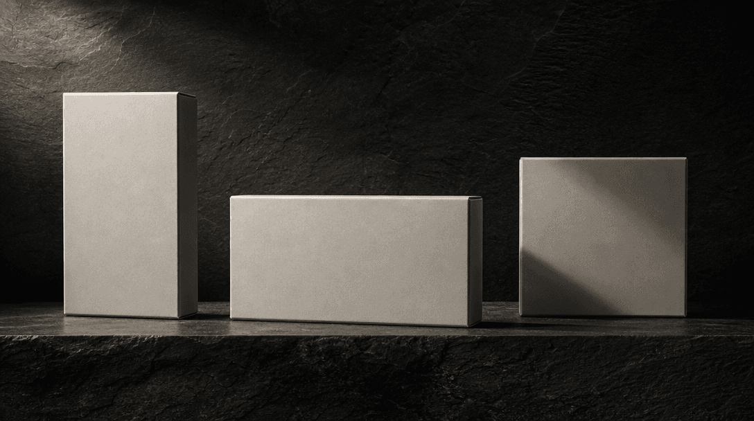 Three identical minimal product boxes — arranged as portrait, landscape, and square formats side by side on dark stone —