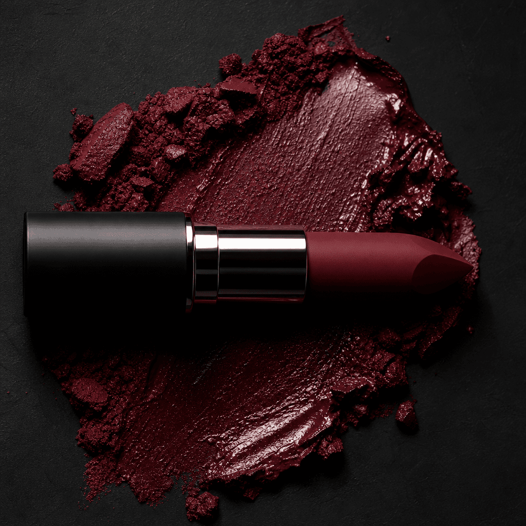 Deep burgundy matte lipstick bullet lying horizontally across a crushed-berry pigment smear on a dark charcoal backgroun