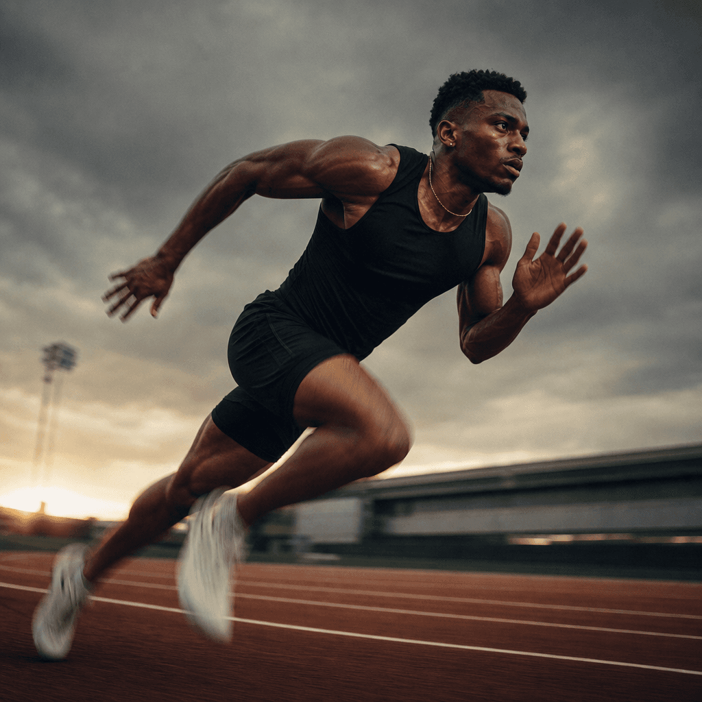 Cinematic still of a male athlete mid-sprint on an outdoor track at golden hour. Motion blur on the legs, sharp upper bo