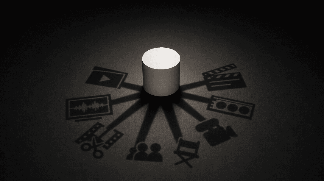 Single minimalist white cylindrical object on a dark surface, its cast shadow radiating outward into a symmetrical patte