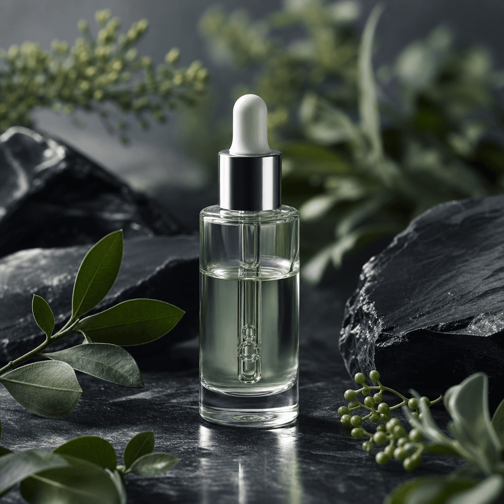 Skincare product flat-lay — a sleek glass serum bottle on a dark obsidian surface surrounded by sparse green botanicals,