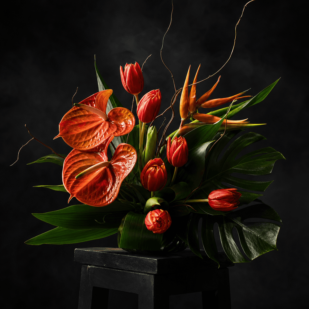 A bold contemporary bouquet of orange anthuriums, red tulips, and sculptural tropical leaves placed on a blackened woode