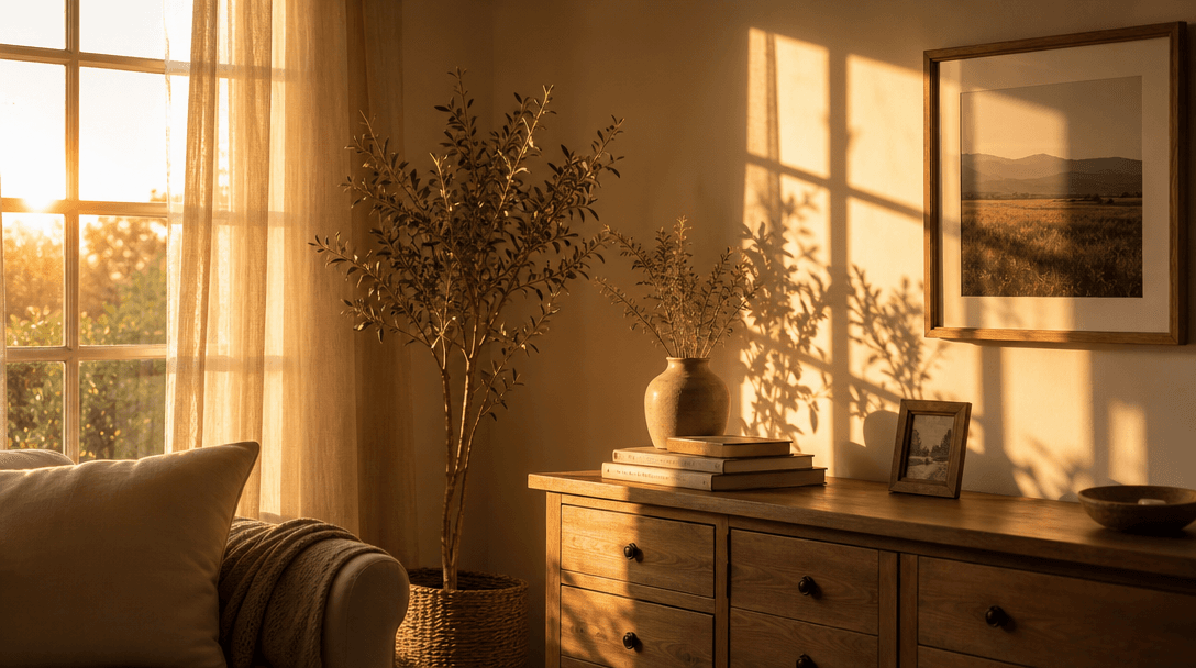 Warm golden hour light streaming through window in cozy room. Soft shadows on wall. Beautiful natural lighting creating 
