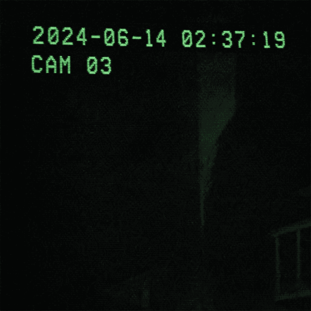 Close-up of vintage CCTV timestamp overlay with glowing green text against dark footage, date and time displayed clearly