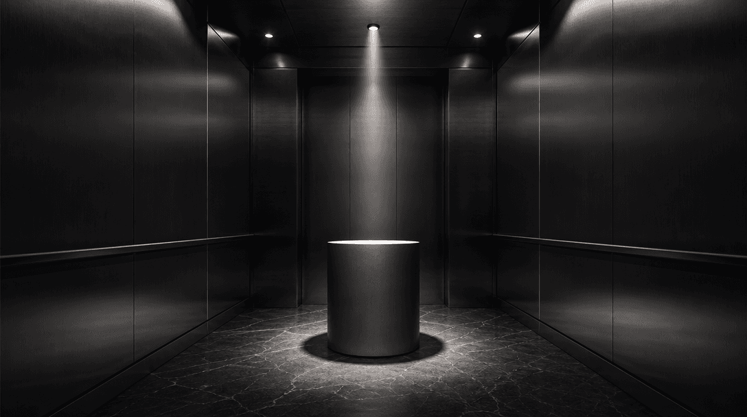 A pristine product pedestal inside a shadowy brushed-metal elevator, carefully arranged directional light defining the s