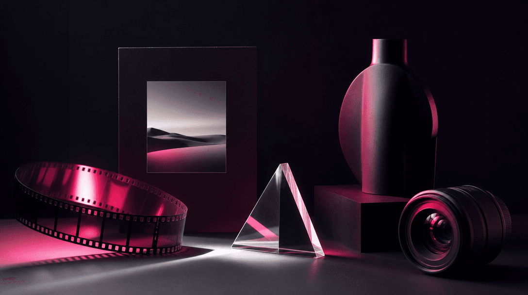 A cinematic tabletop containing abstract symbols of varied image and video creation: a glowing film strip, photographic 