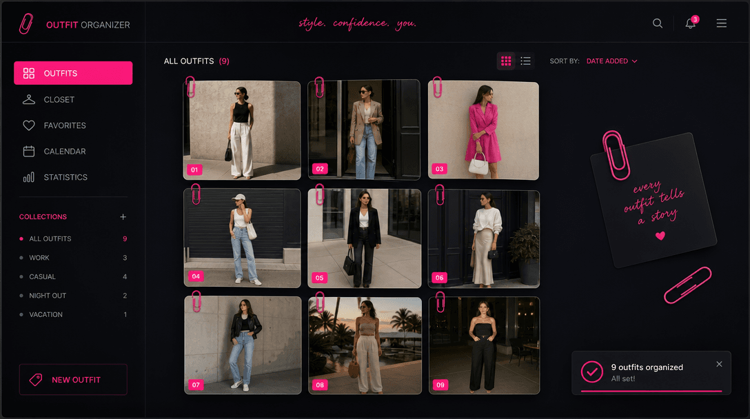 Digital interface showing 9 outfit photo thumbnails arranging themselves in grid formation with paperclip design element