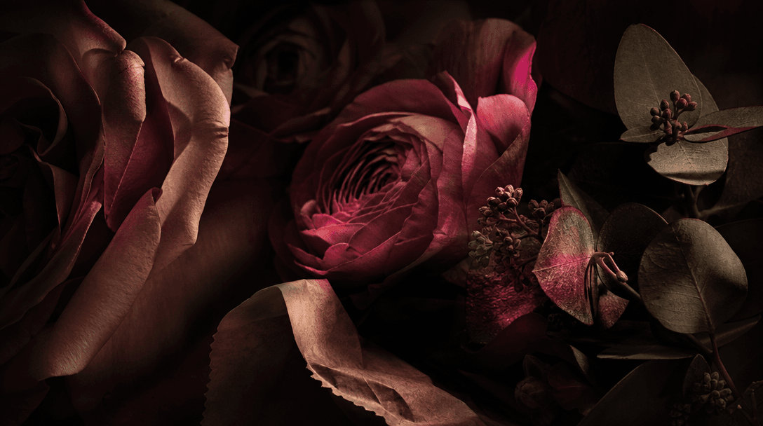 Macro landscape of layered rose petals, ranunculus folds, eucalyptus leaves, and textured bouquet paper emerging from ne