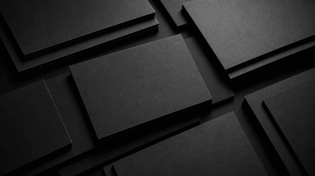 Dark editorial flat-lay of stacked premium matte paper cards arranged in a precise overlapping grid on a near-black surf