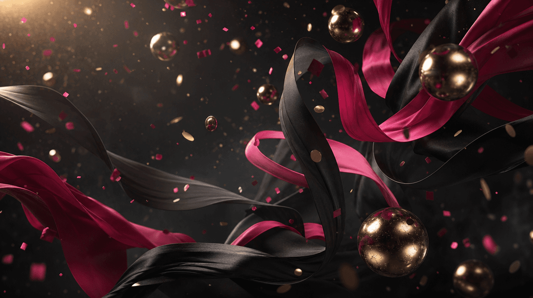 An abstract celebration of joy represented by flowing silk ribbons, floating metallic spheres, soft confetti, and warm l