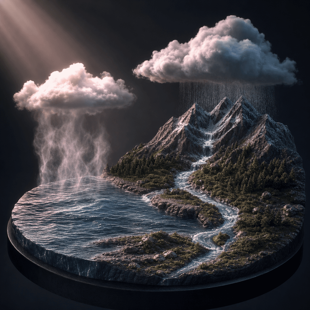 A square visual explanation of the water cycle using a sculptural miniature landscape with ocean evaporation, cloud form