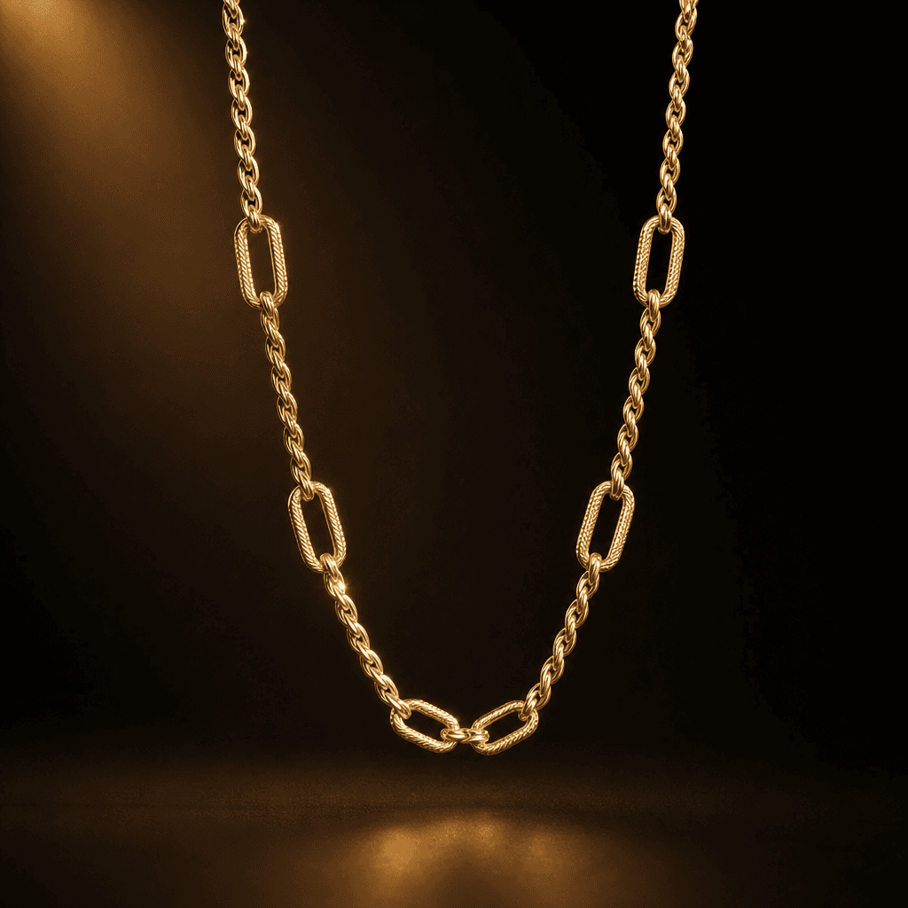 Elegant gold necklace suspended in space with subtle rotation, warm cinematic lighting highlighting chain texture and li
